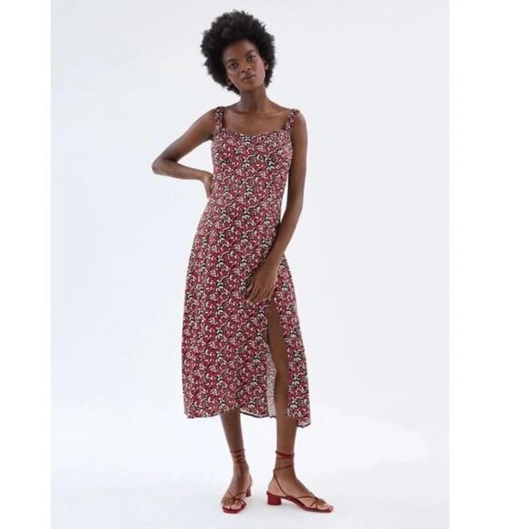 Zara Midi Floral Printed Dress Side Slit - Picture 1 of 8